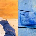 a wooden surface half coated with protective varnish for wood, d