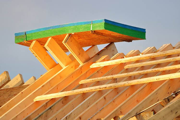 Close, detailed view of a roof under construction